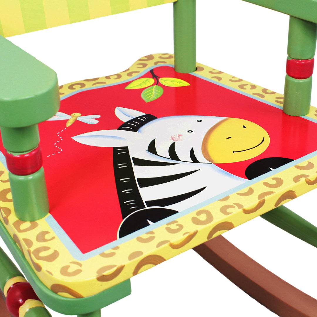 Sunny safari rocking chair with cheetah print accents and a zebra on the seat.