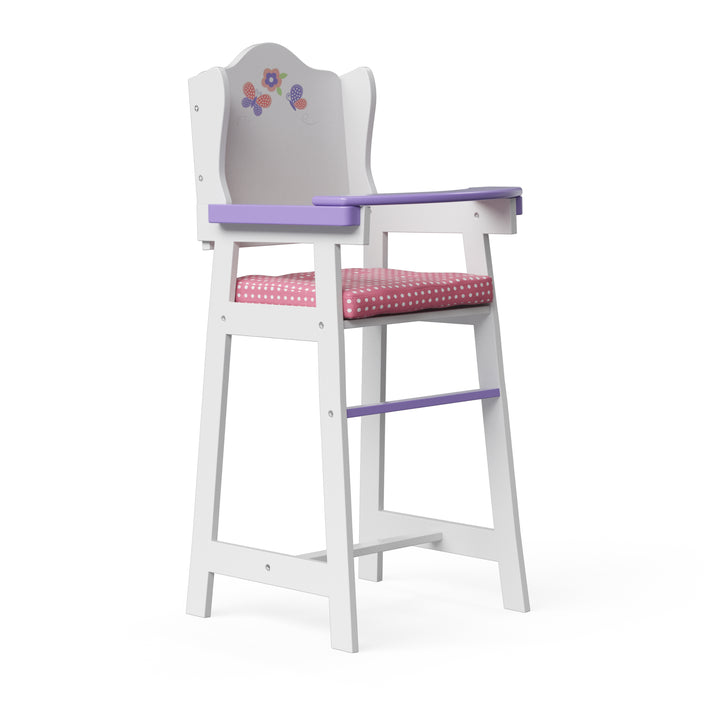 Pretend highchair for dolls, white with pink cushion and purple tray