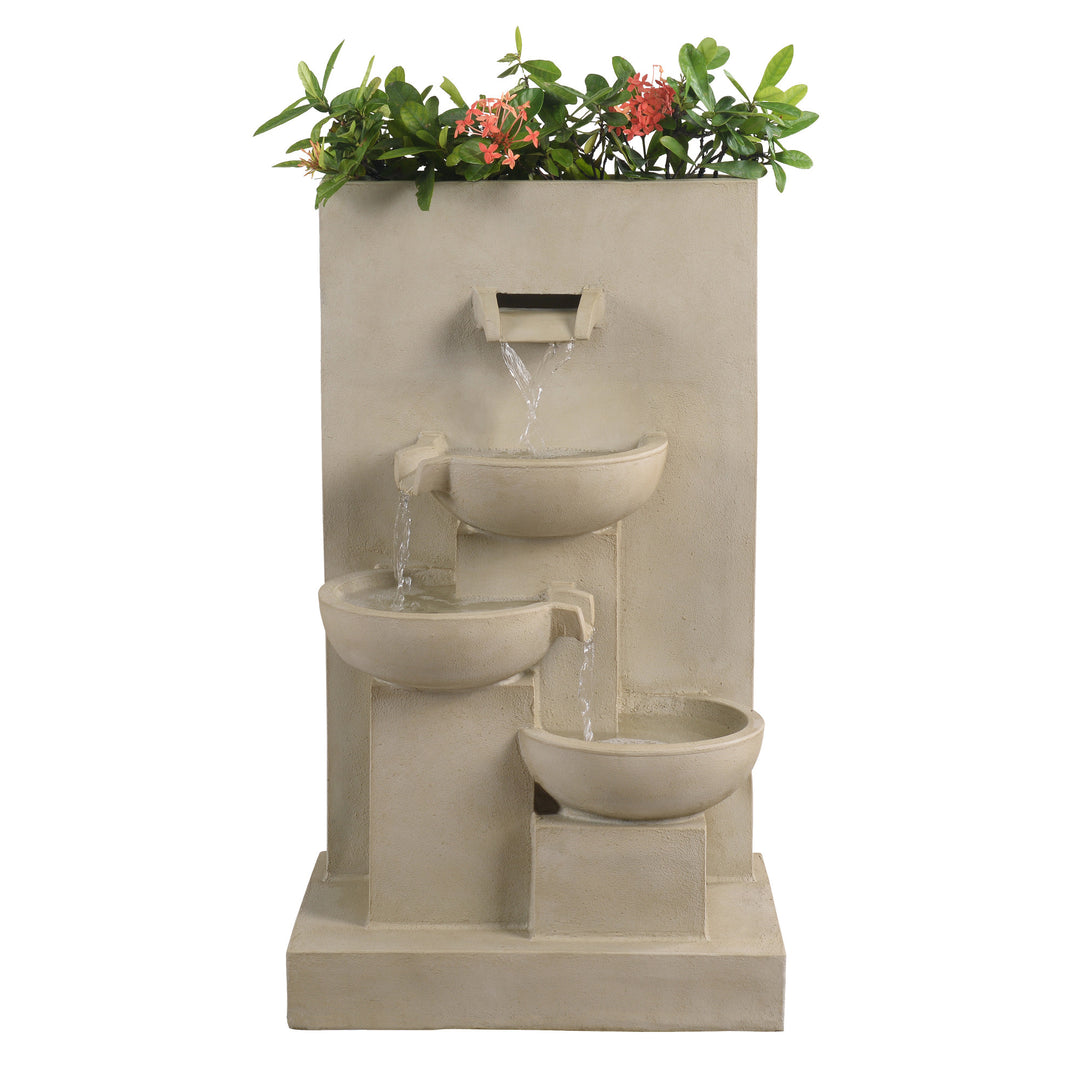 29.13" Outdoor Water Fountain with Planter & LED Lights, Natural with plants on top, and the lights off