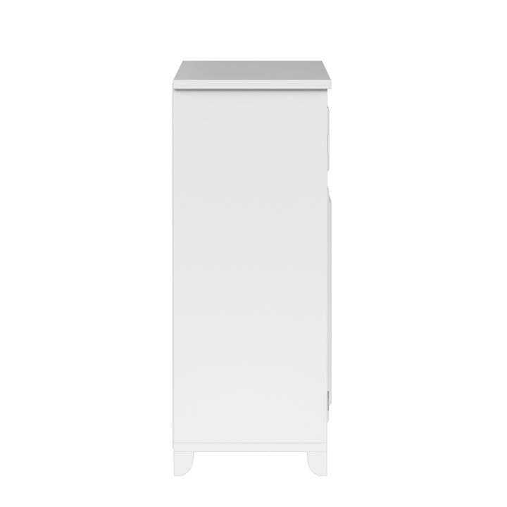 Side view of a white storage cabinet with smooth surface and minimalistic style.