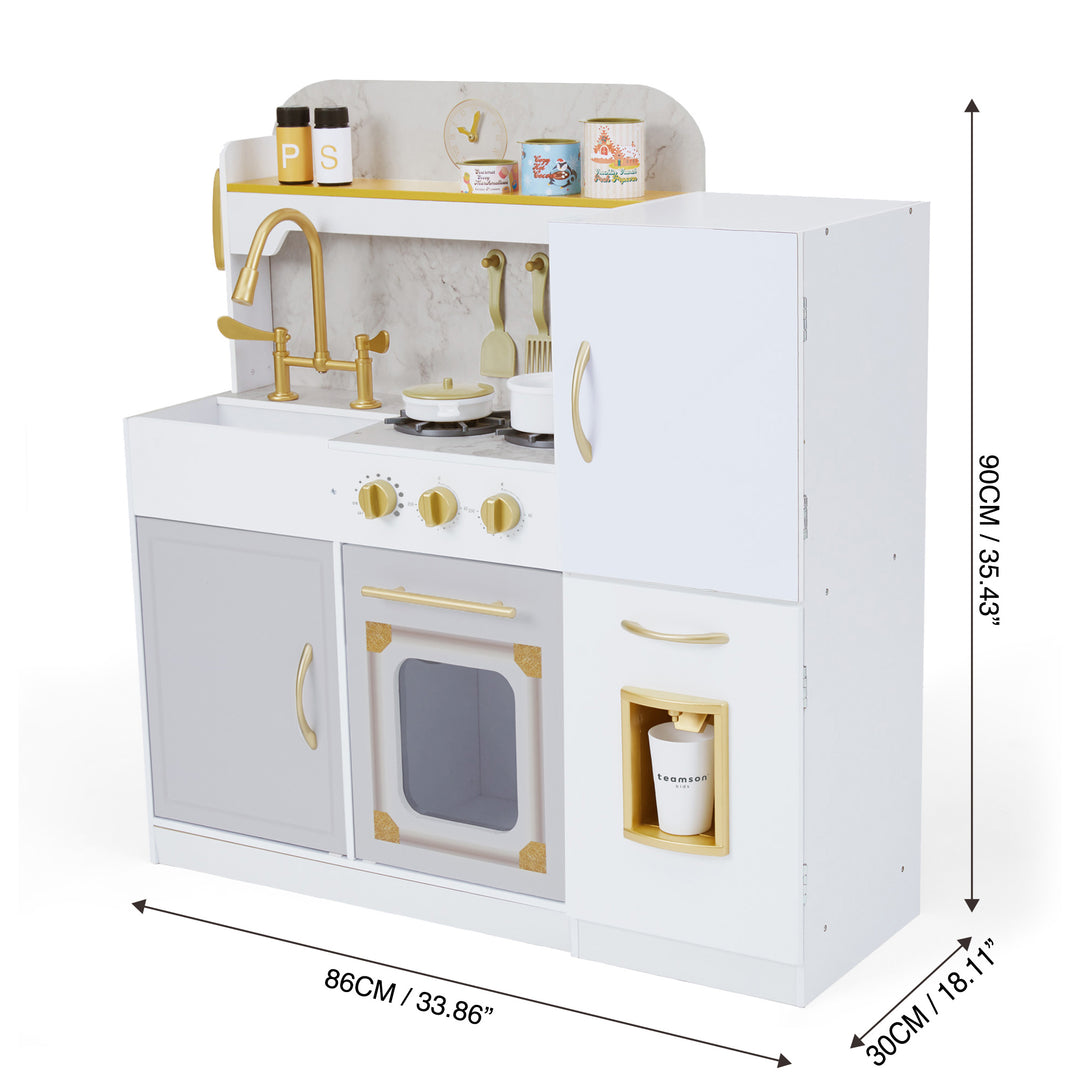 Dimensional graphic of a play kitchen in inches and centimeters