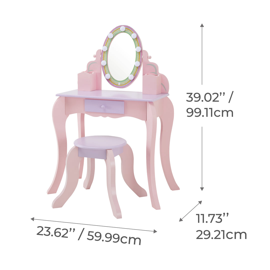 Dimensions in inches and centimeters of the Fantasy Fields Little Princess Rapunzel Vanity