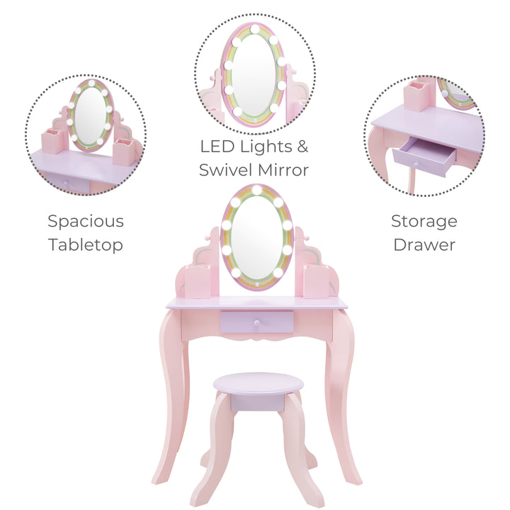 a swivel mirror with LED lights are featured on the vanity for kids with a central storage drawer and large table top