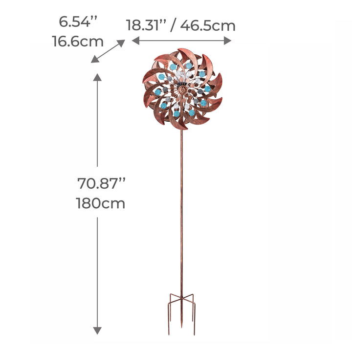 Metal garden wind spinner with dimensions shown: 18" dia. x 70" H Solar Metallic Kinetic Windmill Spinner in Copper.