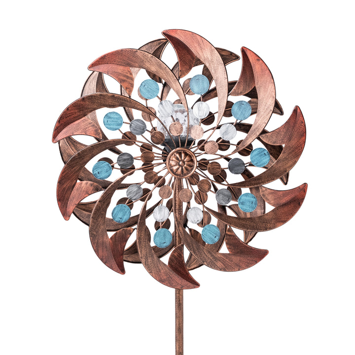 Closeup of the copper blades and aqua beads on the kinetic windmill.