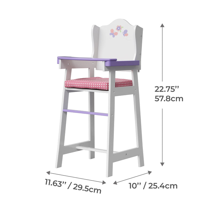 Dimensions in inches and centimeters for a baby doll high chair, white with pink cushion and purple tray