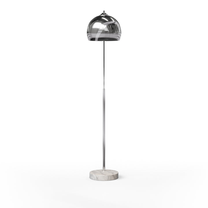 An arc lamp with a chrome lamp shade and faux white marble base