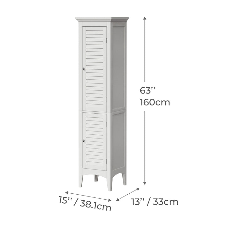 Dimensional graphic for a tall white linen cabinet in inches and centimeters