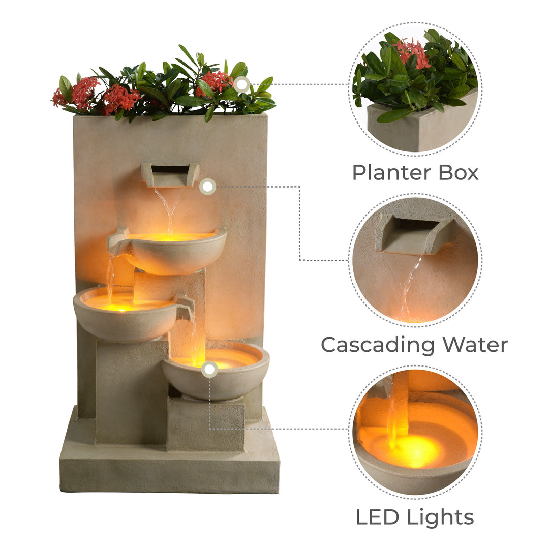 Teamson Home 29.13" Outdoor Water Fountain with Planter, LED Lights, Natural