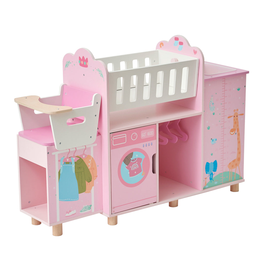 A baby doll nursery station in pink with animal illustrations.
