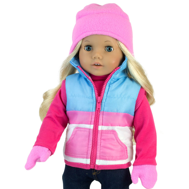 An 18" doll with blonde hair with a pink touque and colorful zipped winter vest