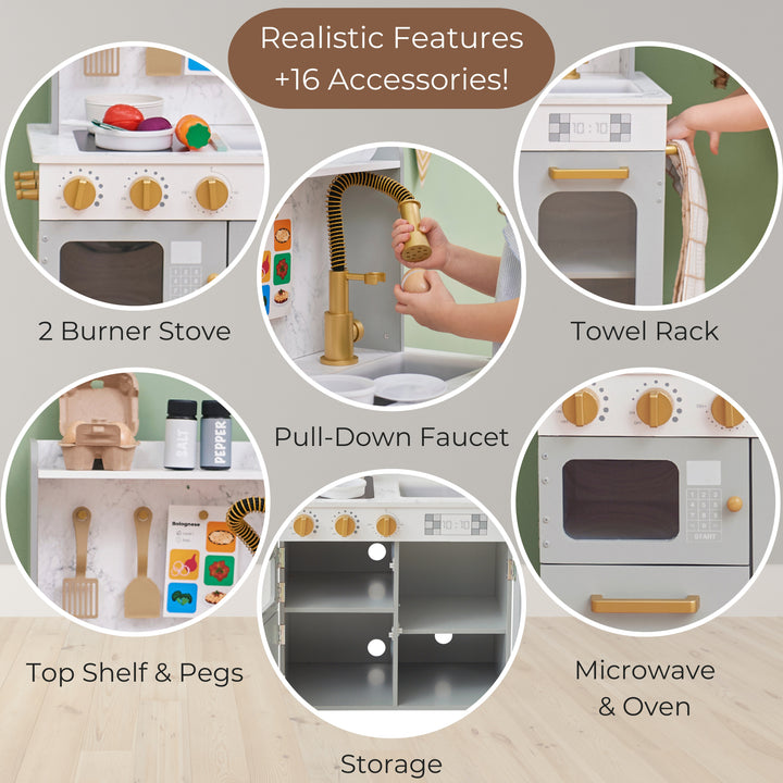 Teamson Kids - Little Chef Memphis Small Play Kitchen - Gray/Gold with callouts of all the features
