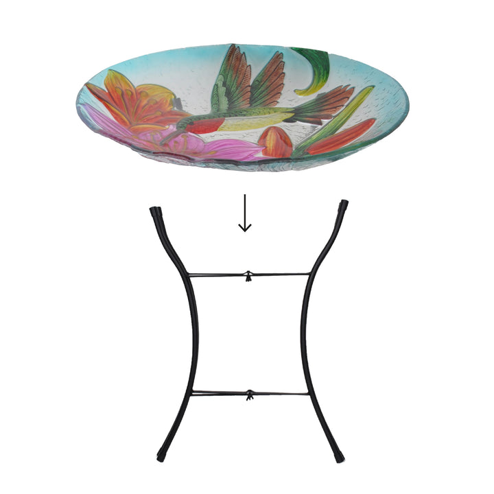 graphic image to show how to assemble the birdbath, place bowl on stand