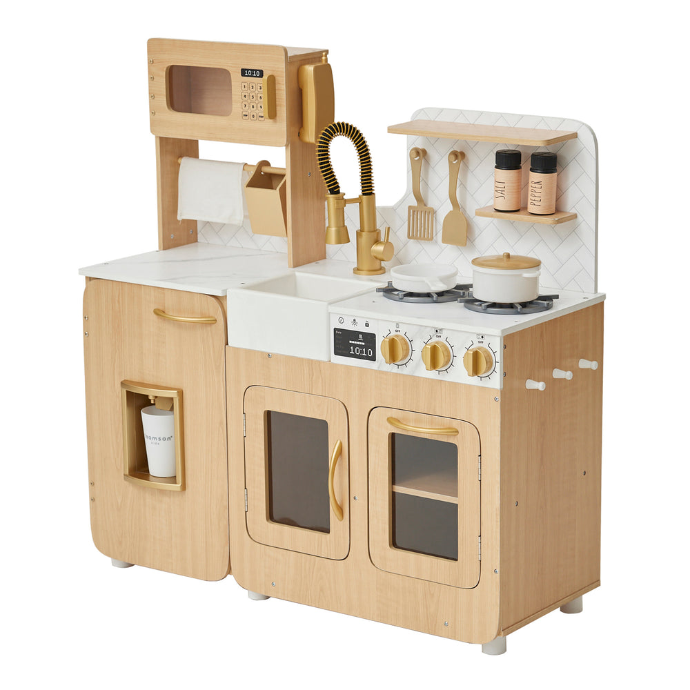 A modern TEAMSON KIDS - LITTLE CHEF CYPRUS MEDIUM PLAY KITCHEN, LIGHT OAK/WHITE set with wooden finish and accessories.