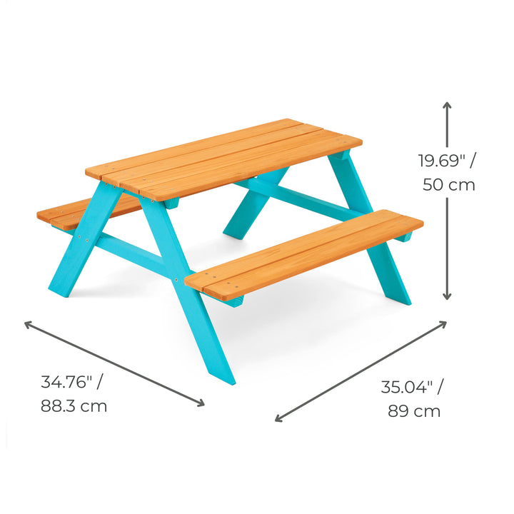 A dimensional graphic of a child's picnic table in inches and centimeters