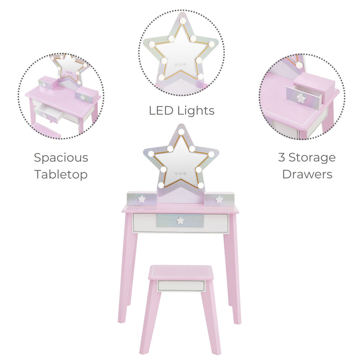 a star shaped mirror features LED lights, storage drawers and a large table top