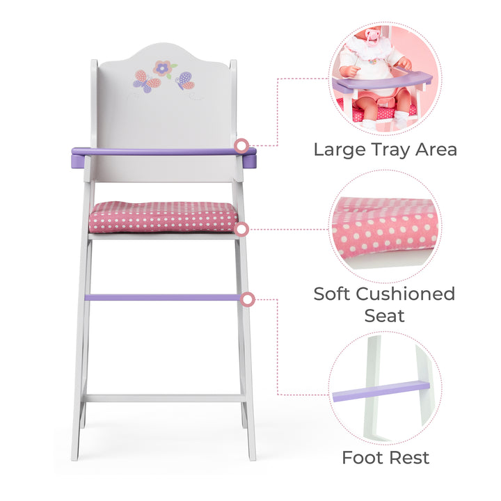 Pretend highchair for dolls, white with pink cushion and purple tray with callouts for the large tray, cushioned seat and foot rest