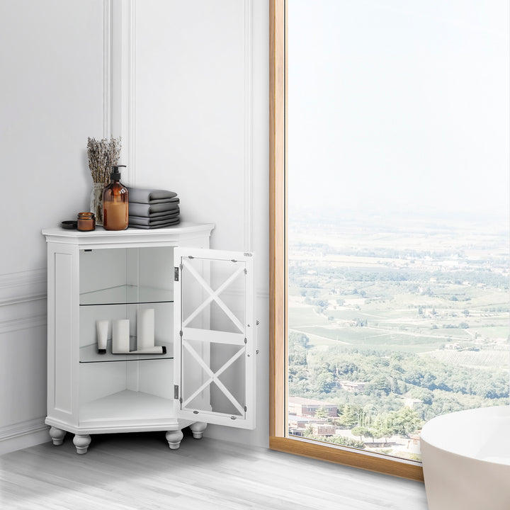 A corner floor cabinet with door open, two glass shelves next to a big window