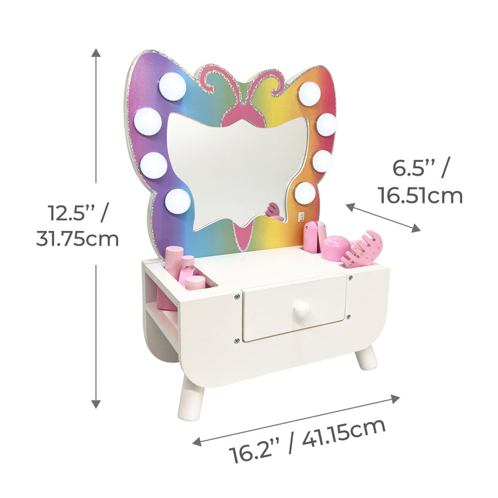 Butterfly vanity with product dimensions shown.