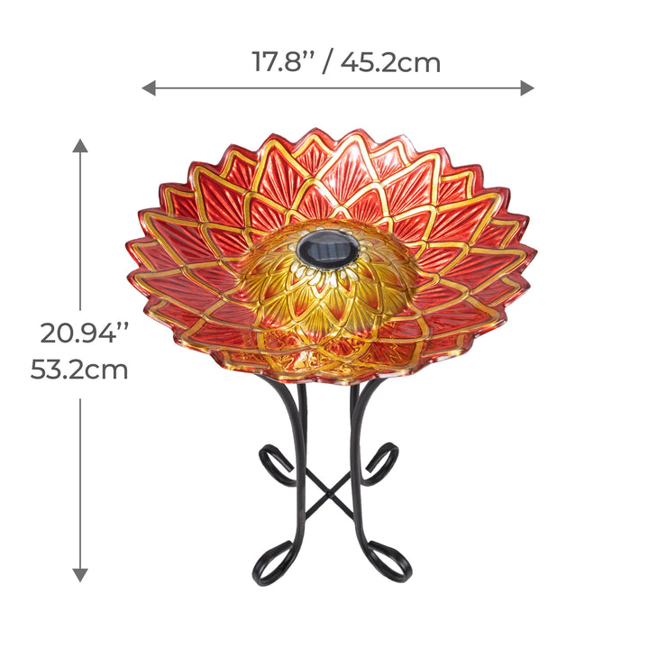 17.8" Dahlia Fusion Glass Birdbath with Solar-Powered Light, Red with dimensions in inches and centimeters