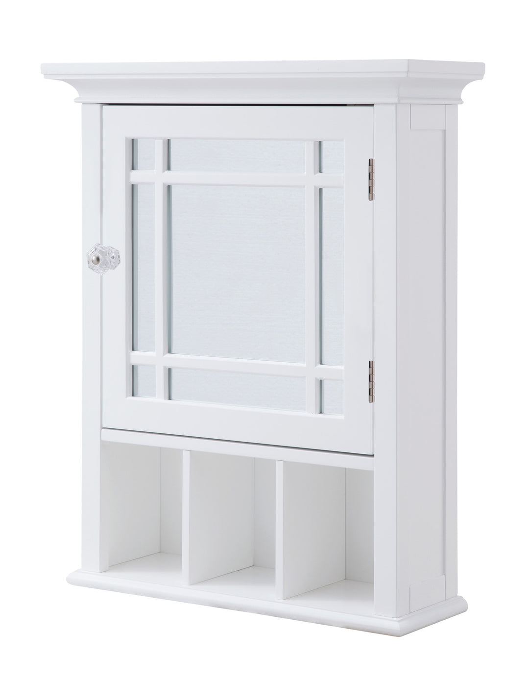 A white wall cabinet with mirrored door and bottom shelf
