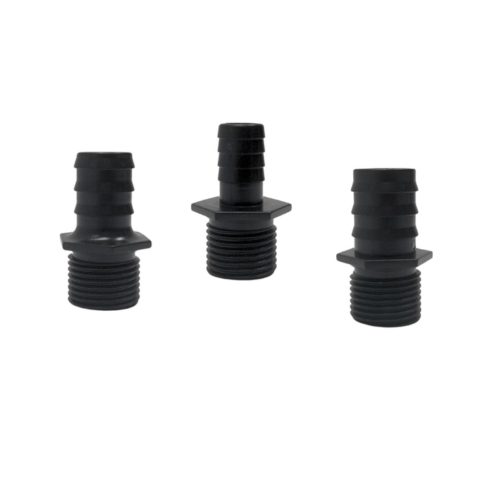 Three black submersible pump nozzles with threaded and ribbed ends, arranged in a row against a white background.