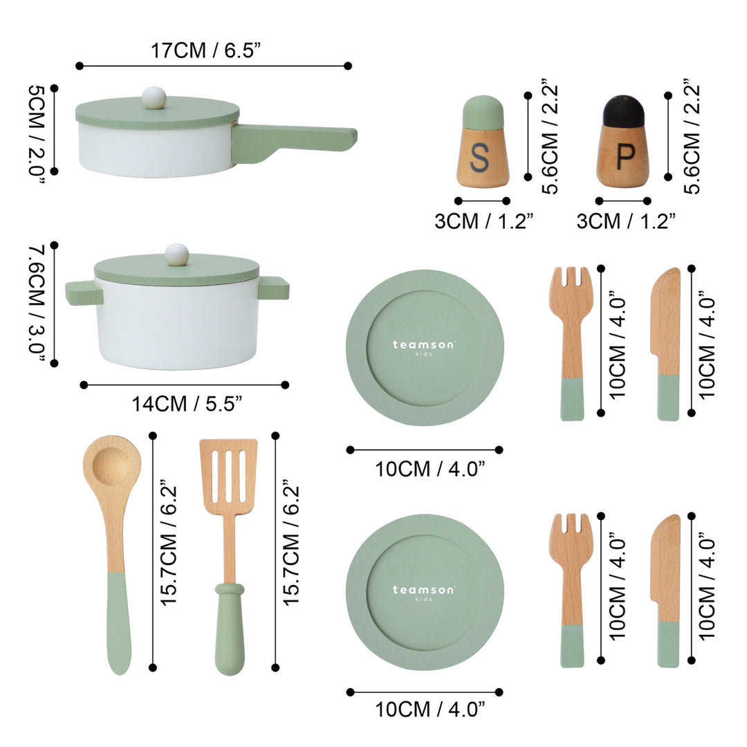 A dimensional graphic for a play kitchen playset in inches and centimeters
