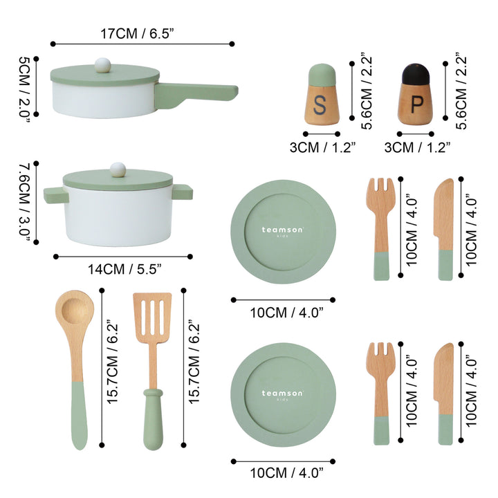 A dimensional graphic for a play kitchen playset in inches and centimeters