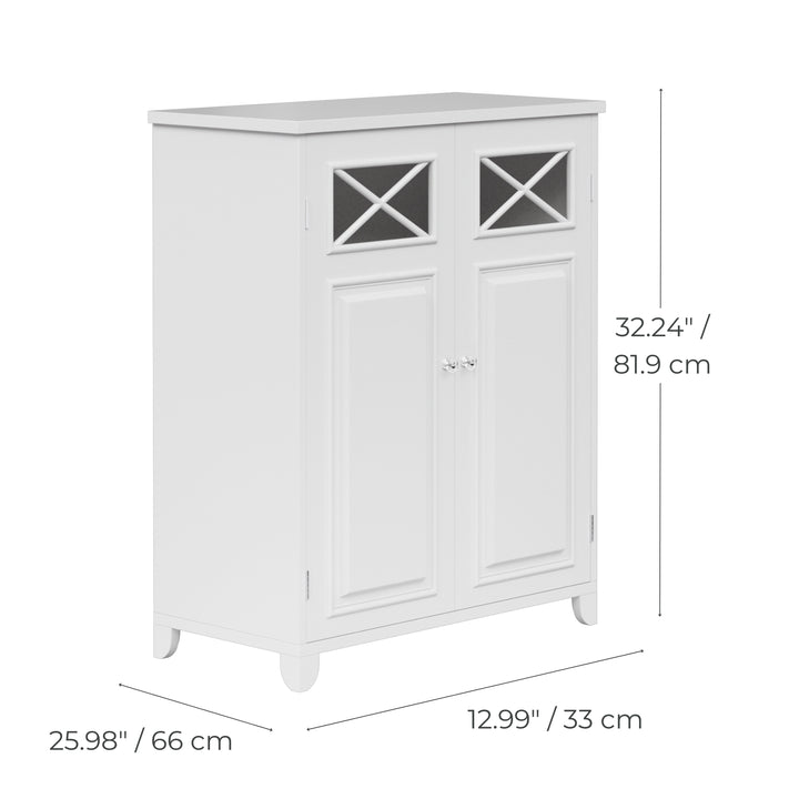White cabinet with two doors and glass panel design, measuring 25.98 in (66 cm) wide, 12.99 in (33 cm) deep, and 32.24 in (81.9 cm) high.