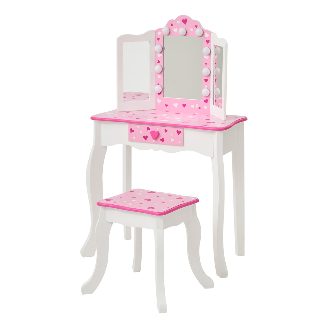 A white and pink vanity set with pink heart accents and a lighted tri-fold mirror.