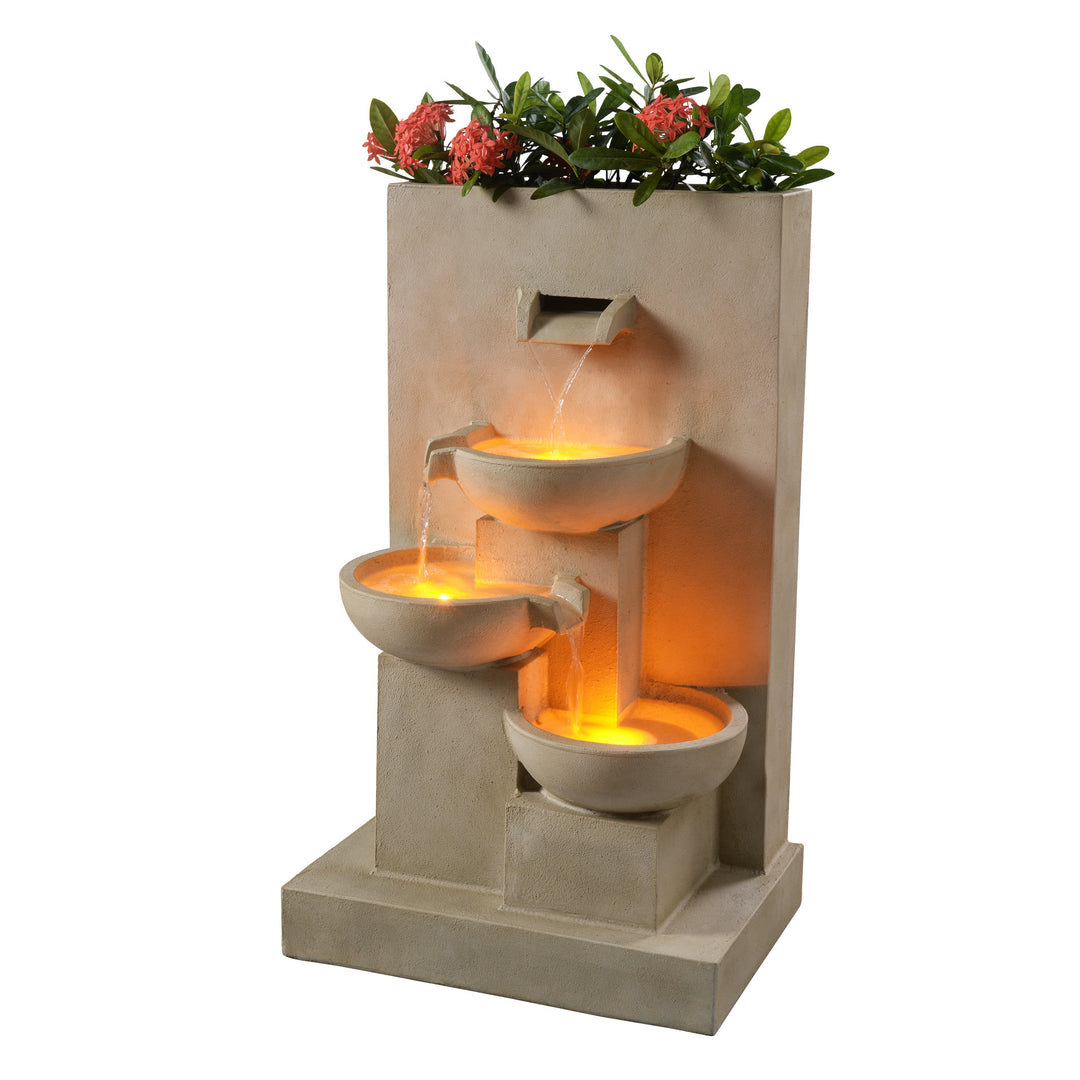 29.13" Outdoor Water Fountain with Planter & LED Lights, Natural tiered garden fountain with flowing water and illuminated basins, adorned with red flowers on the top.