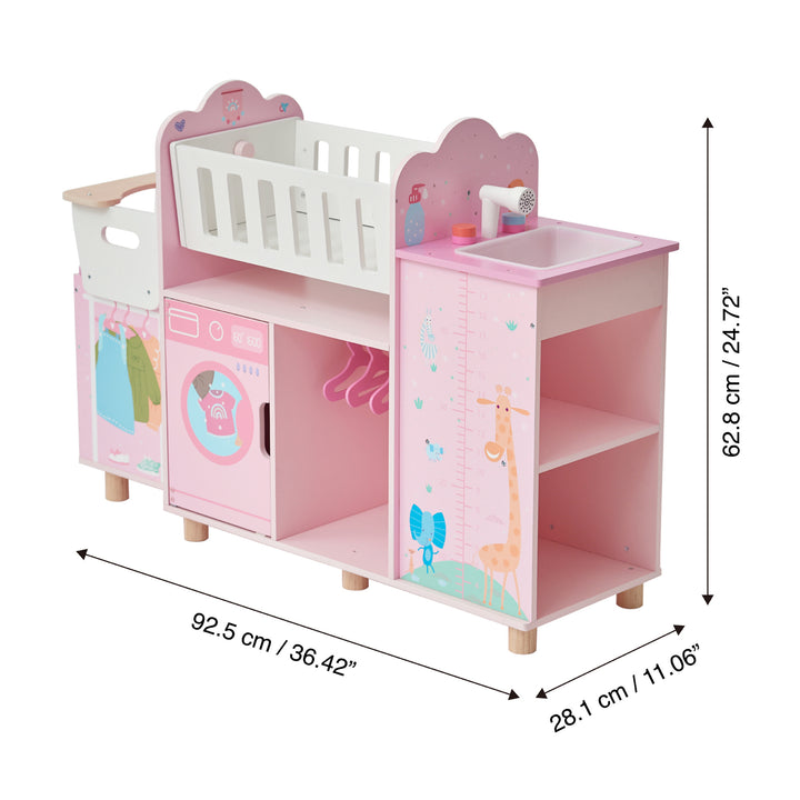 Dimensions in inches and centimeters of a baby doll nursery station in pink with animal illustrations.