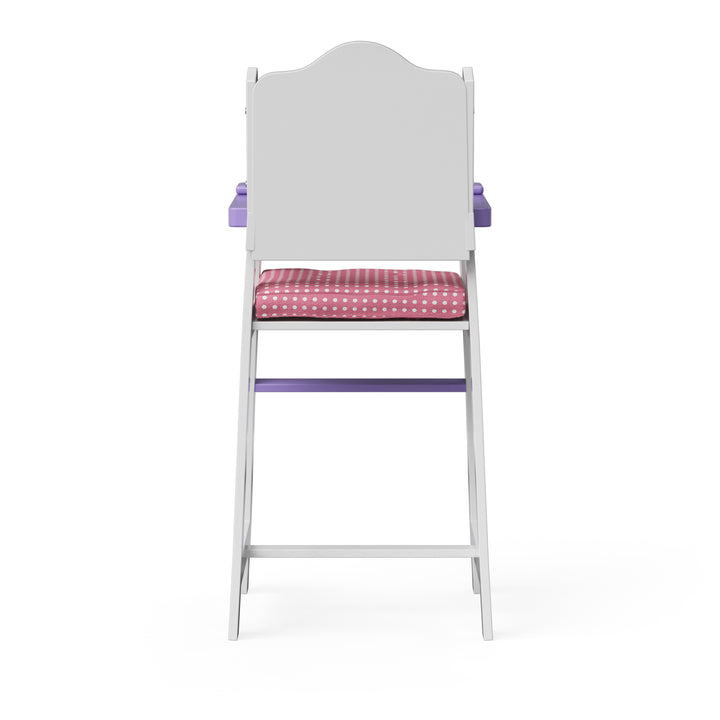The back view of a white baby doll highchair with a pink cushion and purple tray