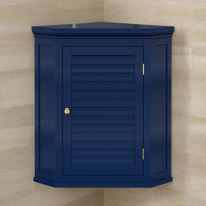 Navy blue corner wall cabinet on a beige tile wall.