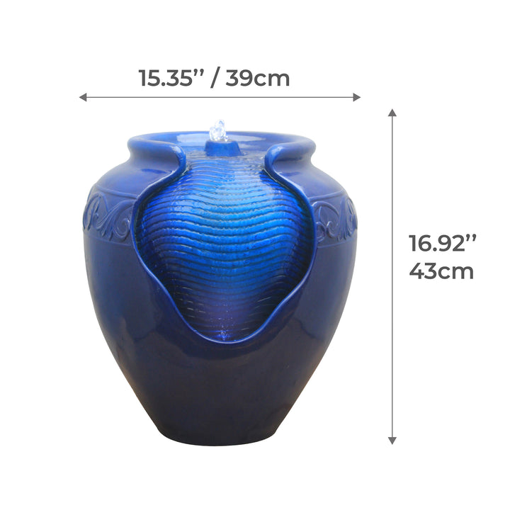 Dimensional graphic for a blue water fountain in inches and centimeters