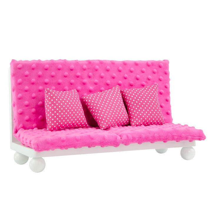 A Olivia's Little World Little Princess Lounge Set with Couch, Chair and Coffee Table, Hot Pink/White with polka dot pillows.