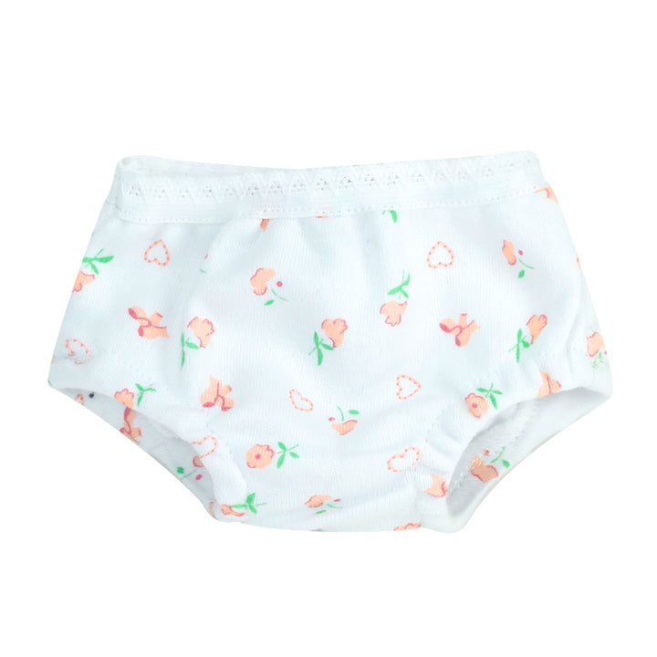 A pair of white panties with pink and green floral accents that come with the doll.