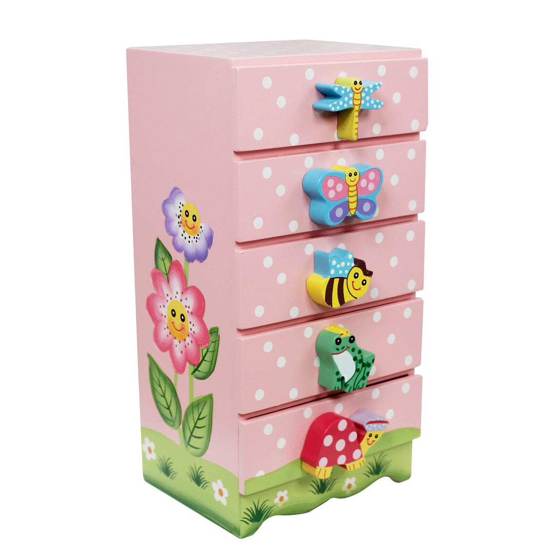 A Fantasy Fields Magic Garden Kids Wooden Trinket Chest, Pink adorned with butterflies, bees, and flowers.