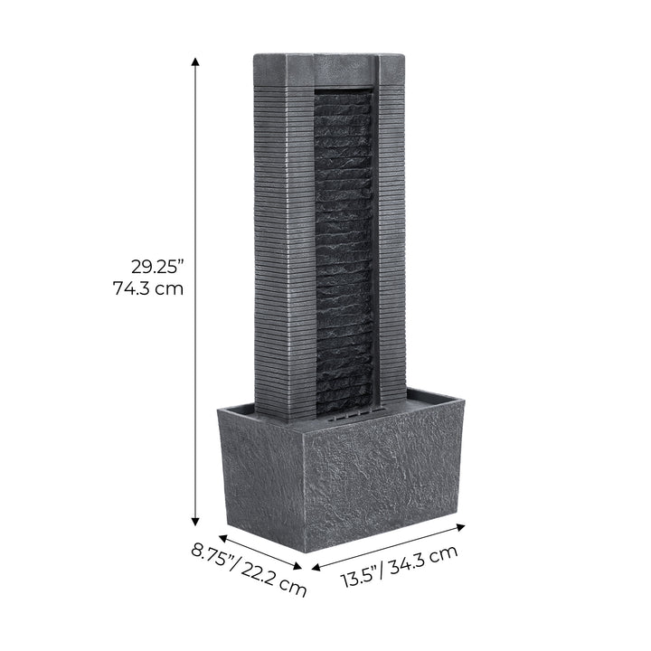 Teamson Home Demeter Outdoor Water Fountain with dimensions in inches and centimeters