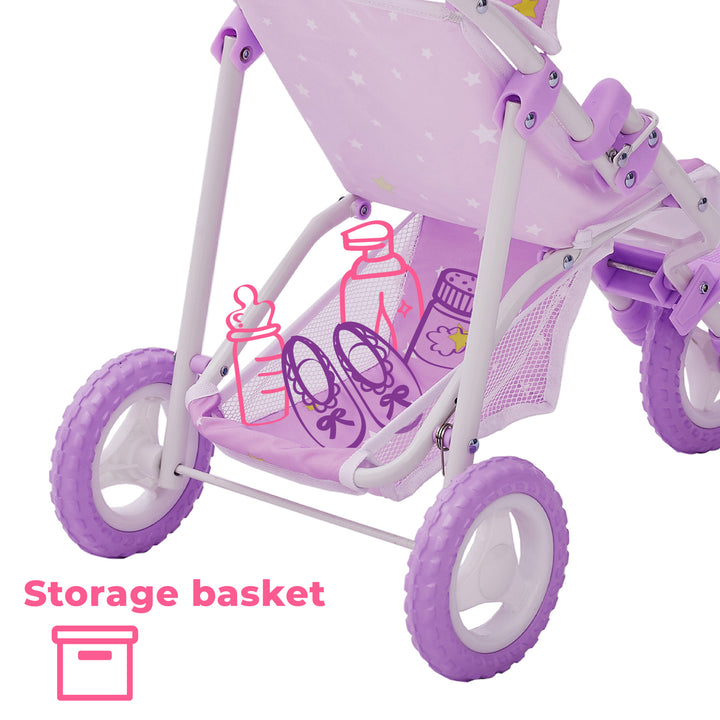 Callout and illustrations inside the storage basket below the seating area of the jogging stroller.