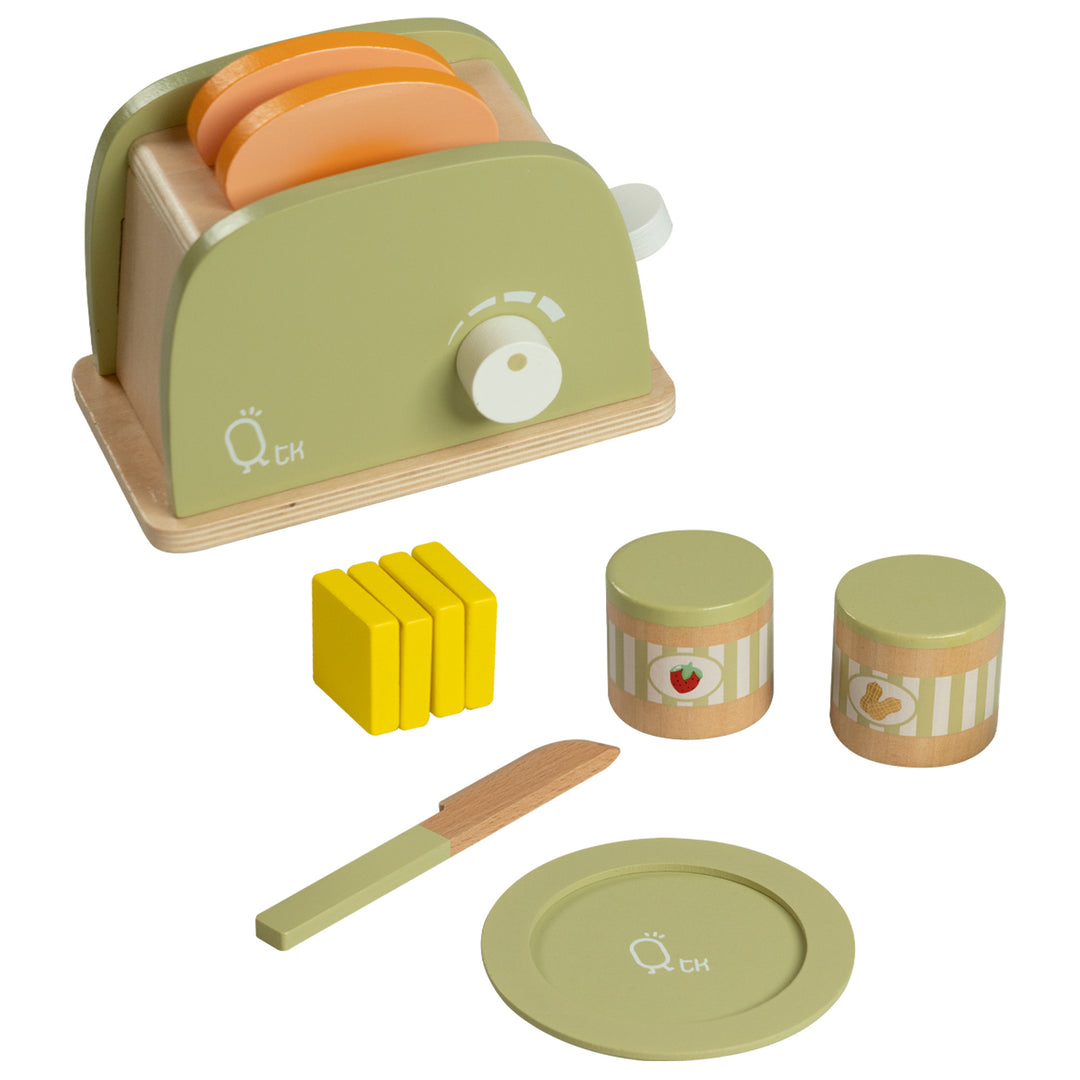 A Teamson Kids Little Chef Frankfurt Wooden Toaster Play Kitchen Accessories, Green for kids with a wooden box and a plate, perfect for play kitchen scenarios.