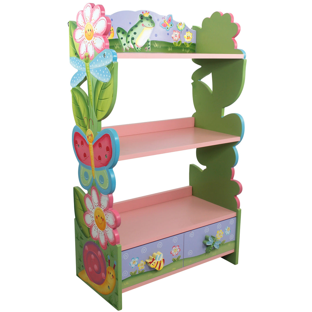 Fantasy Fields Magic Garden Bookshelf illustrated with flowers, butterflies, snails, bees, and a frog. Multicolored.