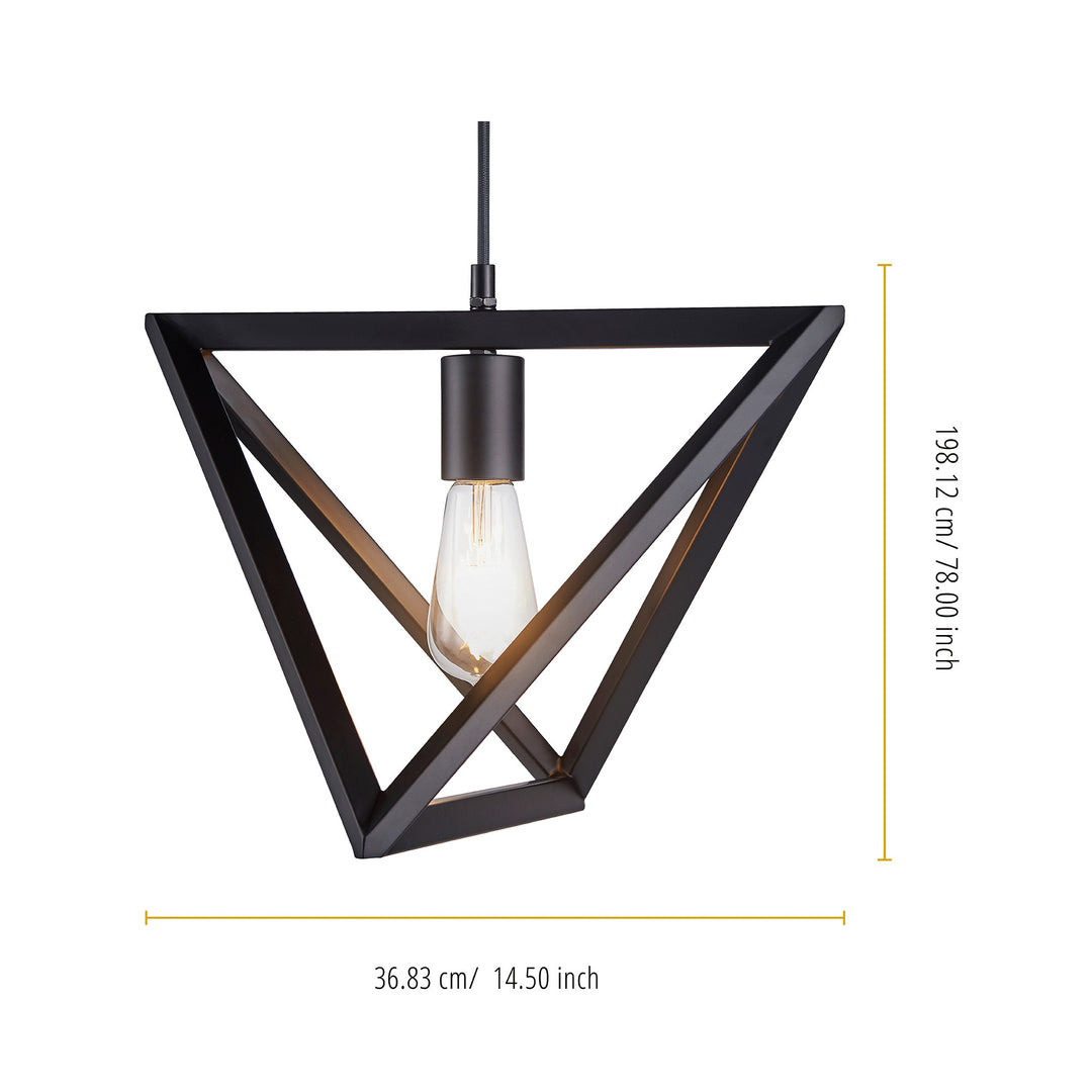 Teamson Home Armonia Geometric Pendant Lamp, Black - Modern durable pendant lamp with a geometric black frame and an exposed bulb, dimensions in inches and centimeters
