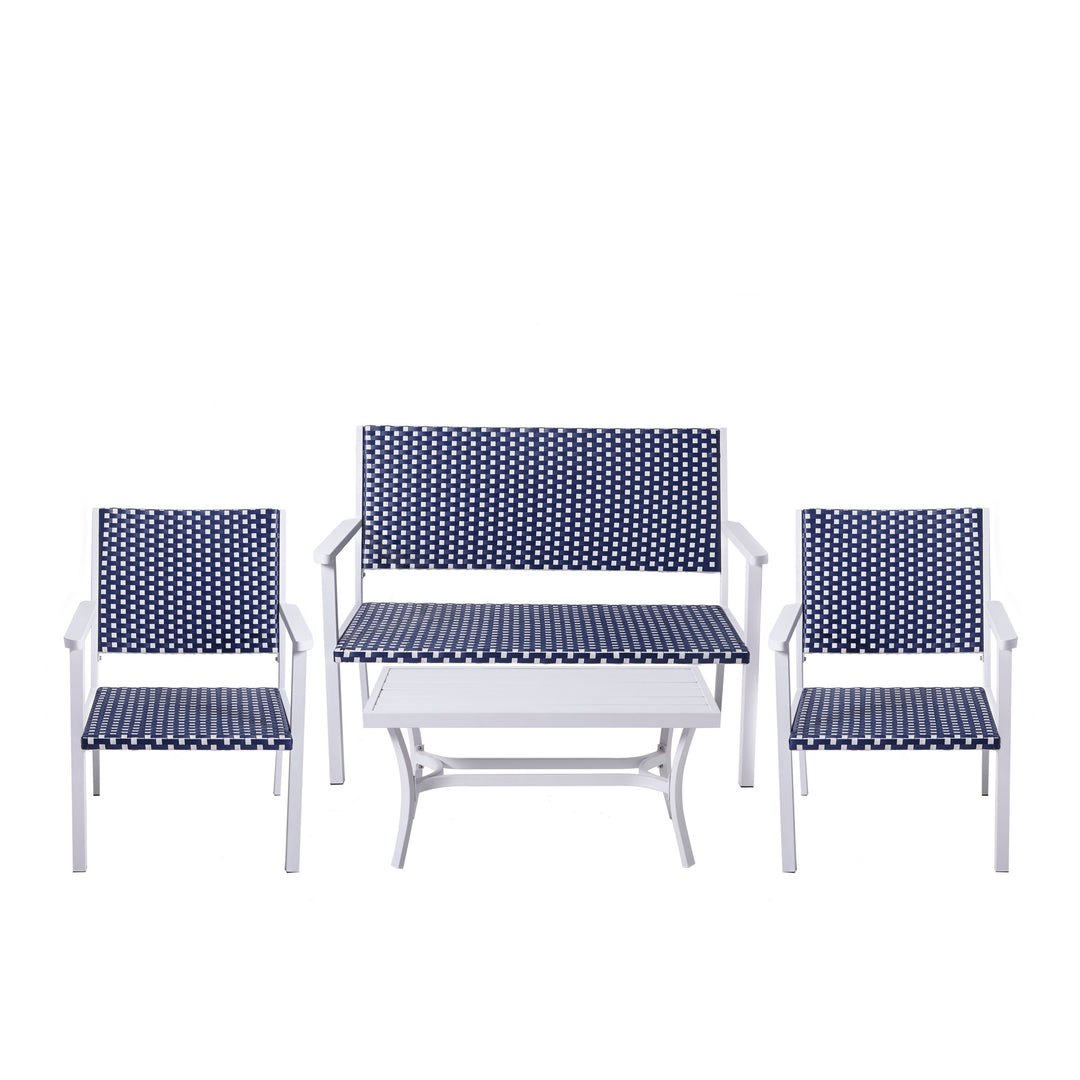 A set of Teamson Home Indoor/Outdoor 4 Piece Coastal Wicker Bistro Table, Loveseat, and Chairs Patio Set in white with blue cushions against a white background.