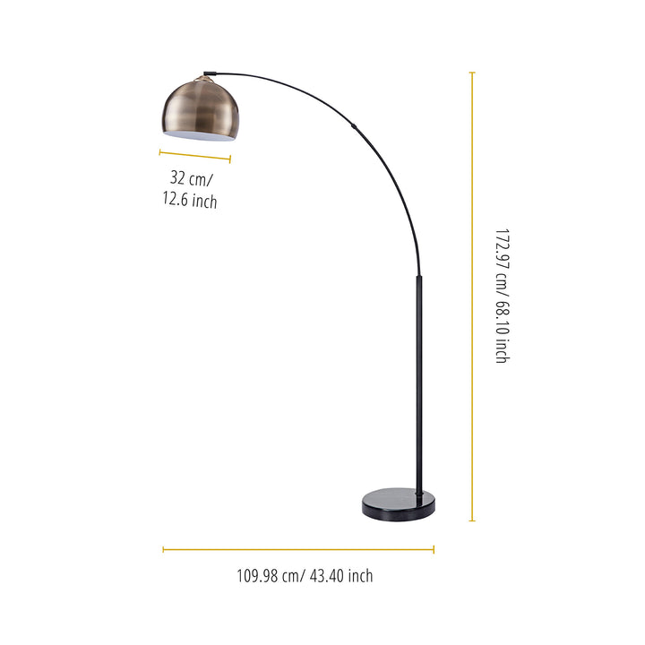 An image of the Teamson Home Arquer Arc 68" Metal Floor Lamp with Bell Shade, Antique Brass with measurements.