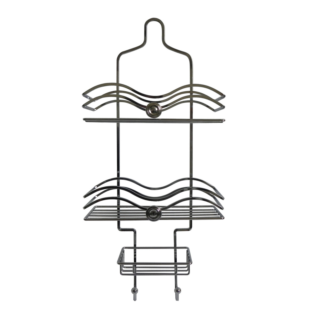 A bathroom shower caddy with three different tiers with circle knob accents.