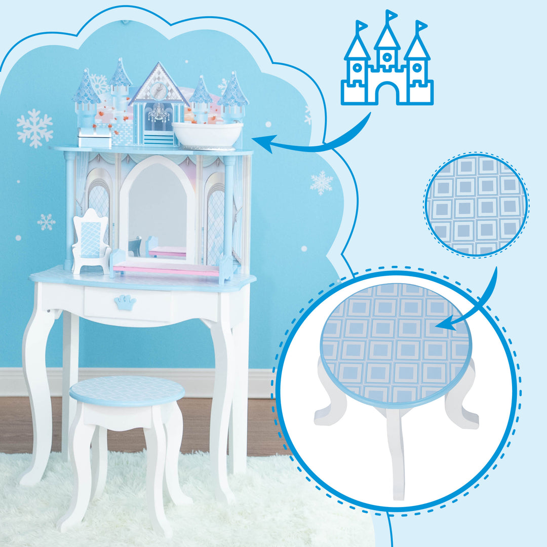 A callout about the castle playset on top of the vanity and the matching stool and pattern on the seat.