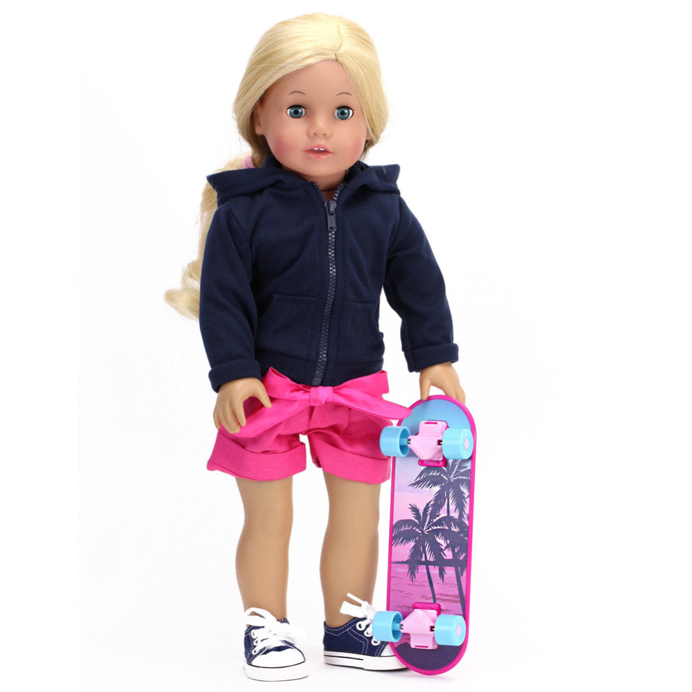 A blonde 18" doll standing with a pink skateboard in her hand.