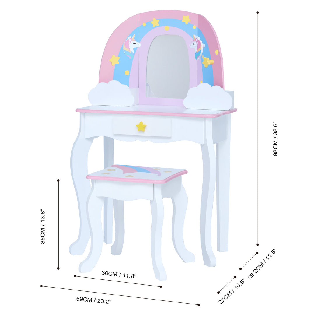The dimensions in inches and centimeters of a  white vanity table and stool with a rainbow, unicorns, stars, and a mirror.