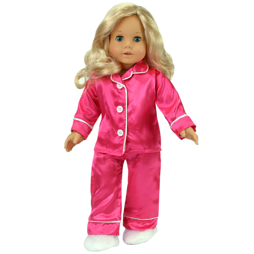 Sophia's 3 Piece Satin Pajama Set with Slippers for 18" Dolls, Hot Pink